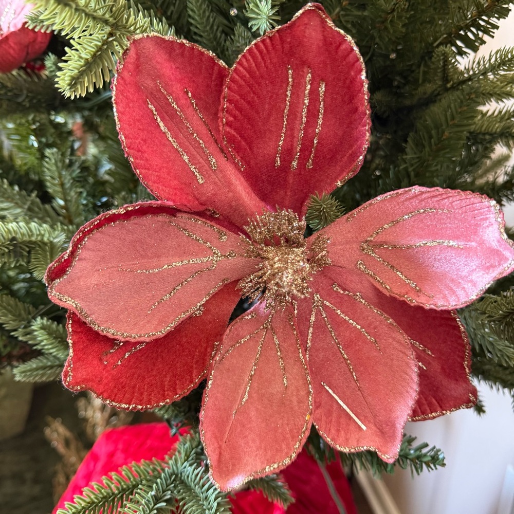 Velvet Pink Poinsettia Picks Gold Trim Holiday Decor Set of 5